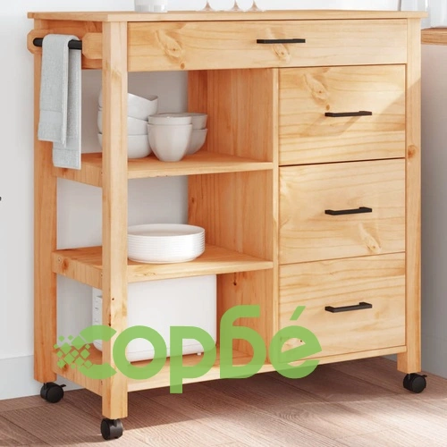 Кухненска количка MONZA 84x40x90 см борово дърво масив ➤ топ цена ➤ sorbe.bg