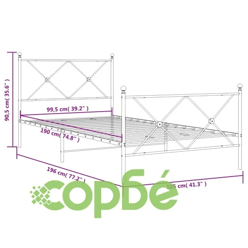 Метална рамка за легло с горна и долна табла, бяла, 100x190 см ➤ топ цена ➤ sorbe.bg