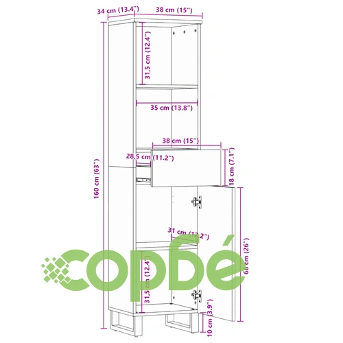 Бюфет, 38x34x160 см, грубо мангово дърво масив ➤ топ цена ➤ sorbe.bg