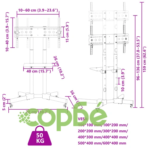 ТВ стойка на колелца 32-70 инча екран VESA 600x400 мм 50 кг ➤ топ цена ➤ sorbe.bg