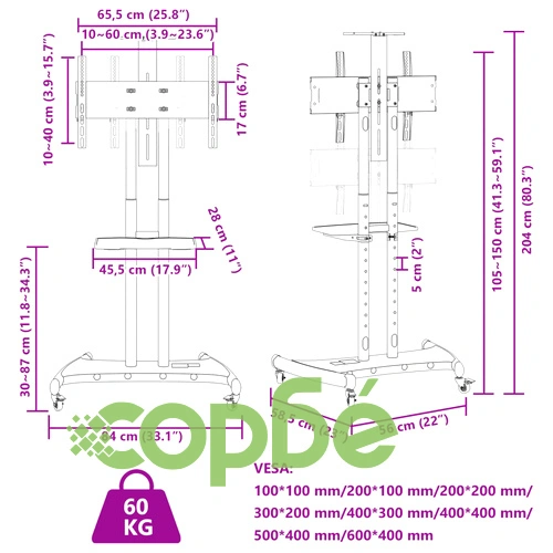 ТВ стойка на колелца 32-70 инча екран VESA 600x400 мм 60 кг ➤ топ цена ➤ sorbe.bg