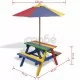 Детска пикник маса с пейки и чадър, многоцветна, дърво