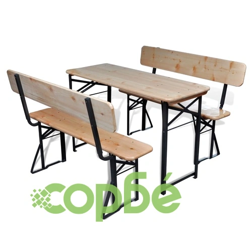 Сгъваема маса за бира с 2 пейки, 120 см, борова дървесина ➤ топ цена ➤ sorbe.bg
