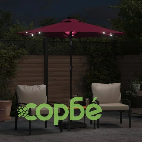 Градински чадър с LED и стоманен прът, бордо, 225x225x212 см ➤ топ цена ➤ sorbe.bg