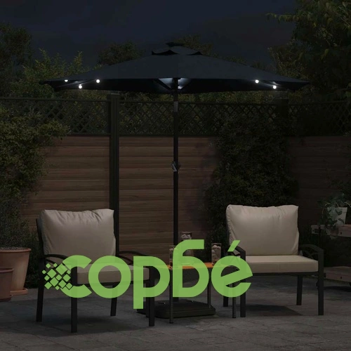 Градински чадър с LED и стоманен прът, черна, 225x225x212 см ➤ топ цена ➤ sorbe.bg