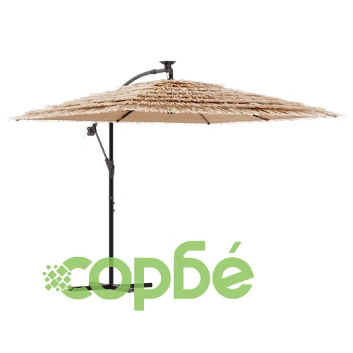 Градински чадър с LED и стоманен прът, кафяв, 246x246x230 см ➤ топ цена ➤ sorbe.bg