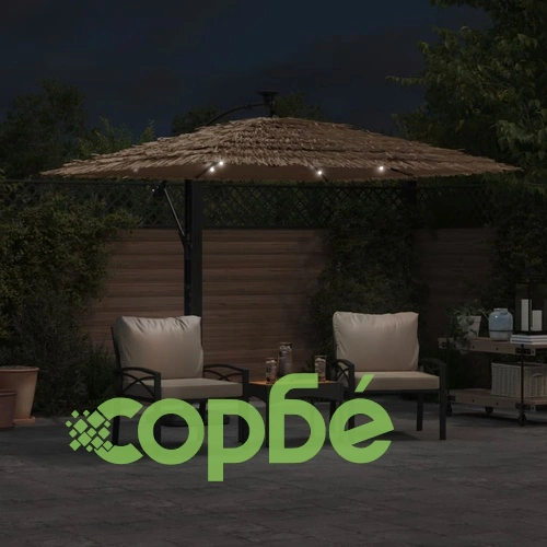Градински чадър с LED и стоманен прът, кафяв, 246x246x230 см ➤ топ цена ➤ sorbe.bg