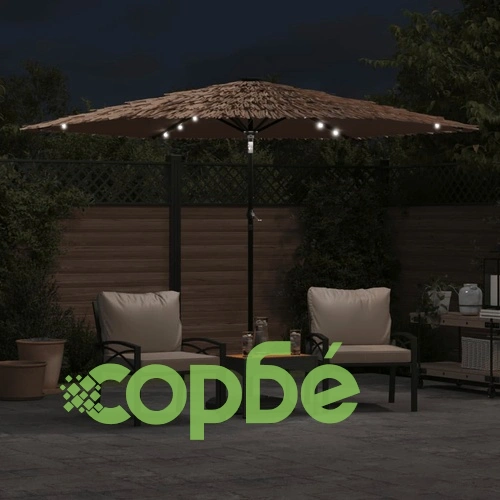 Градински чадър с LED и стоманен прът, кафяв, 288x288x225 см ➤ топ цена ➤ sorbe.bg