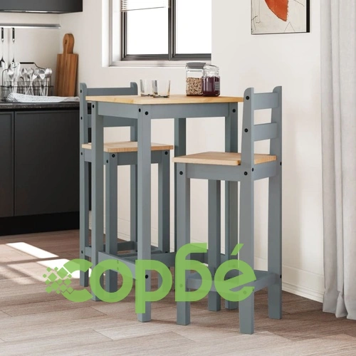 Бар комплект от 3 части, сив, масивна борова дървесина ➤ топ цена ➤ sorbe.bg