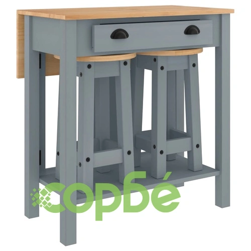 Бар комплект от 3 части, сив, масивна борова дървесина ➤ топ цена ➤ sorbe.bg