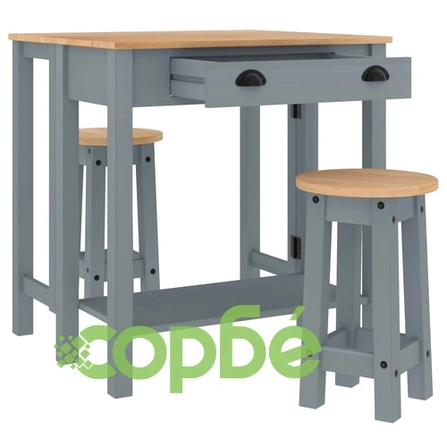 Бар комплект от 3 части, сив, масивна борова дървесина ➤ топ цена ➤ sorbe.bg