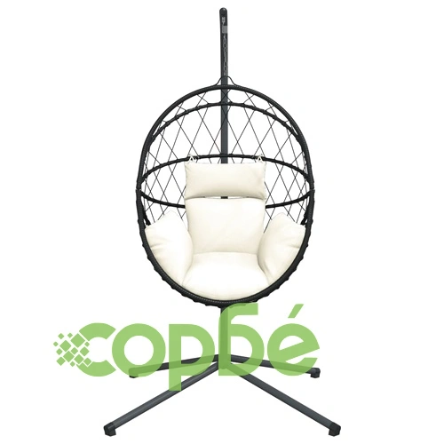 Висящ стол яйце със стойка, бежов, ратан и стомана ➤ топ цена ➤ sorbe.bg