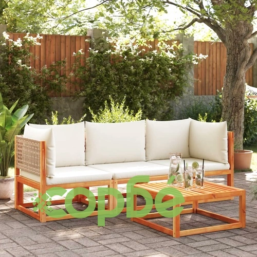 Ъглов градински диван с възглавници, дърво, акация и ратан ➤ топ цена ➤ sorbe.bg