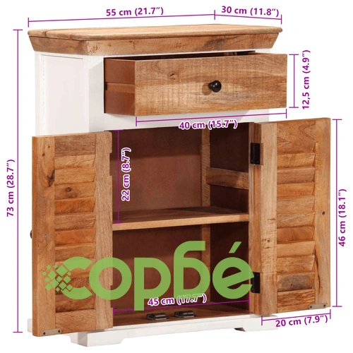 Бюфет, бял и кафяв, 55x30x73 см, грубо мангово дърво масив ➤ топ цена ➤ sorbe.bg