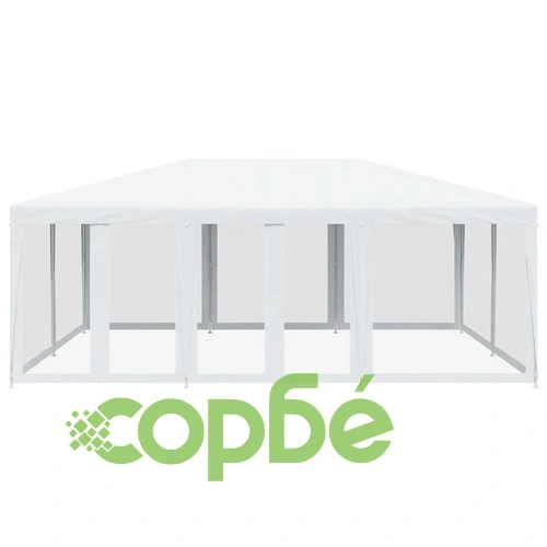 Парти палатка с 10 мрежести странични стени, бели, 6x4 м, HDPE ➤ топ цена ➤ sorbe.bg
