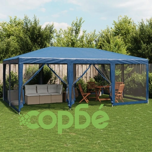 Парти палатка с 10 мрежести странични стени, синя, 6x4 м, HDPE ➤ топ цена ➤ sorbe.bg