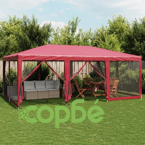 Парти палатка с 10 мрежести странични стени червена 6x4 м HDPE ➤ топ цена ➤ sorbe.bg