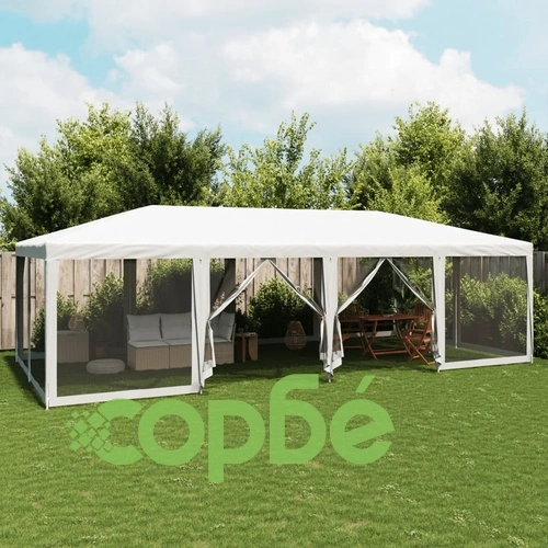 Парти палатка с 12 мрежести странични стени, бели, 8x4 м, HDPE ➤ топ цена ➤ sorbe.bg