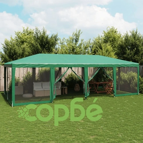 Парти палатка с 12 мрежести странични стени зелена 8x4 м HDPE ➤ топ цена ➤ sorbe.bg
