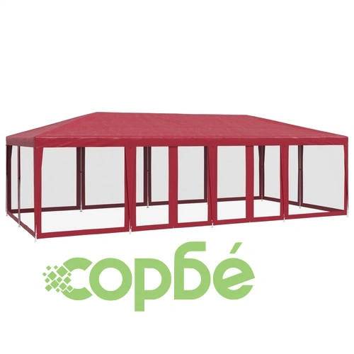 Парти палатка с 12 мрежести странични стени червена 8x4 м HDPE ➤ топ цена ➤ sorbe.bg