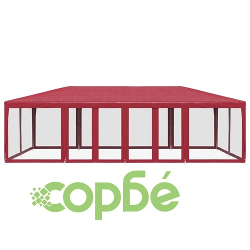 Парти палатка с 12 мрежести странични стени червена 8x4 м HDPE ➤ топ цена ➤ sorbe.bg