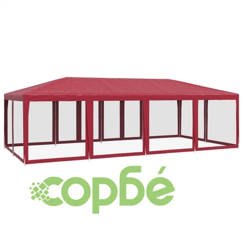 Парти палатка с 12 мрежести странични стени червена 8x4 м HDPE ➤ топ цена ➤ sorbe.bg