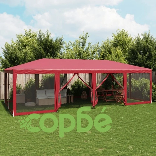 Парти палатка с 12 мрежести странични стени червена 8x4 м HDPE ➤ топ цена ➤ sorbe.bg