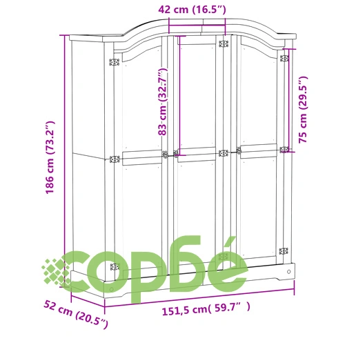Гардероб Corona бял 151,5x52x186 см бор масив ➤ топ цена ➤ sorbe.bg