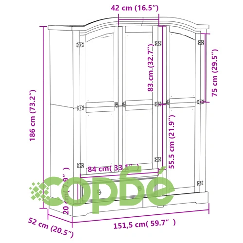 Гардероб Corona 151,5x52x186 см бор масив ➤ топ цена ➤ sorbe.bg
