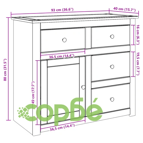 Сайдборд с чекмеджета Panama, 93x40x80 см, борово дърво масив ➤ топ цена ➤ sorbe.bg