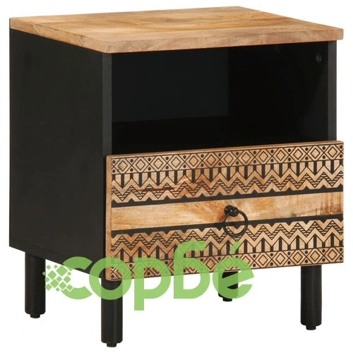 Нощно шкафче, черно, 40x33x46 см, масивно грубо дърво манго ➤ топ цена ➤ sorbe.bg