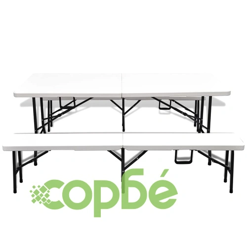 Сгъваема маса за бира с 2 пейки, 180 см, HDPE, бяла ➤ топ цена ➤ sorbe.bg