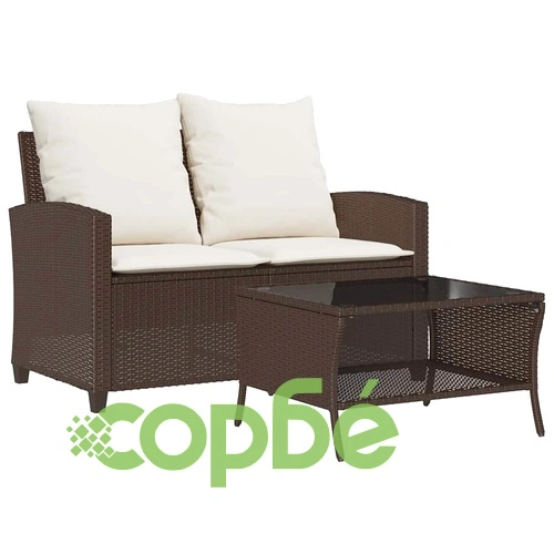 Градински диван с 2 седалки и възглавници&Маса Кафяв поли ратан ➤ топ цена ➤ sorbe.bg