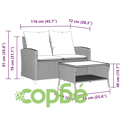 Градински диван с 2 седалки и възглавници&Маса Кафяв поли ратан ➤ топ цена ➤ sorbe.bg
