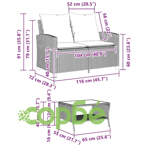 Градински диван с 2 седалки и възглавници&Маса Кафяв поли ратан ➤ топ цена ➤ sorbe.bg