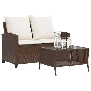 Градински диван с 2 седалки и възглавници&Маса Кафяв поли ратан