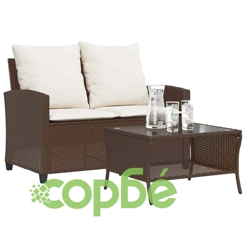Градински диван с 2 седалки и възглавници&Маса Кафяв поли ратан ➤ топ цена ➤ sorbe.bg