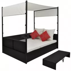 Градинско легло с балдахин, черно, 190x130 см, полиратан