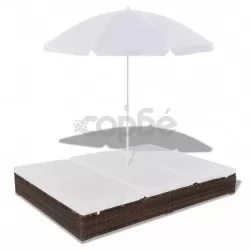 Градинско лаундж легло с чадър, полиратан, кафяво