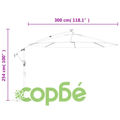 Окачен чадър с LED осветление, 300 см, зелен, метален прът ➤ топ цена ➤ sorbe.bg