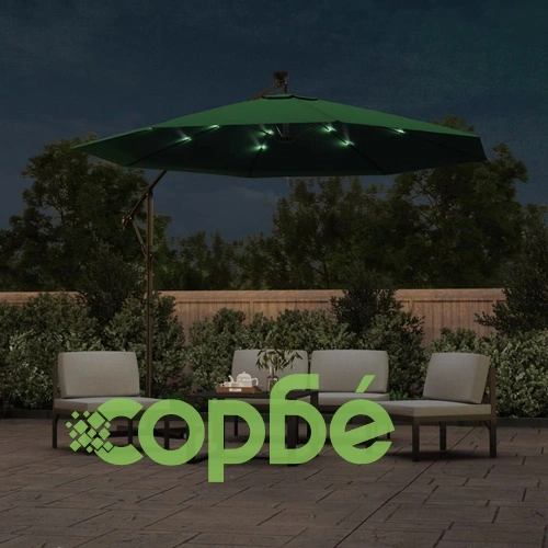 Окачен чадър с LED осветление, 300 см, зелен, метален прът ➤ топ цена ➤ sorbe.bg