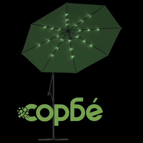 Окачен чадър с LED осветление, 300 см, зелен, метален прът ➤ топ цена ➤ sorbe.bg
