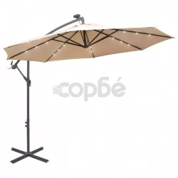 Висящ чадър с LED осветление, 300 см, пясъчен, метален прът