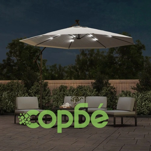Окачен чадър с LED осветление, 300 см, пясъчен, метален прът ➤ топ цена ➤ sorbe.bg