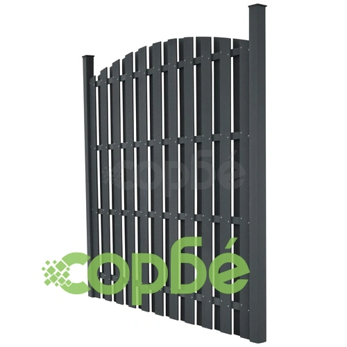 Ограден панел с 2 стълба, WPC, 180x(165-180) см, сив ➤ топ цена ➤ sorbe.bg
