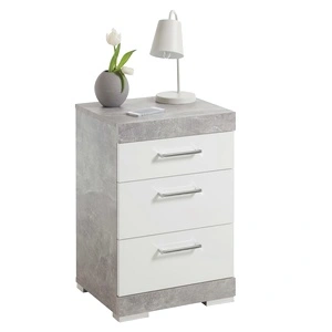 FMD Нощна масичка с 3 чекмеджета, бетоново сиво и гланцово бяло