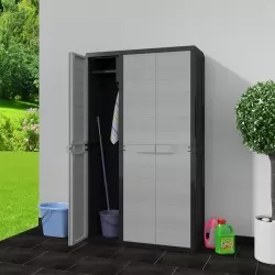 Градински шкаф за съхранение с 4 рафта, черно и сиво