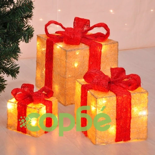 HI Коледни подаръци с червени панделки, 3 бр, LED осветление ➤ топ цена ➤ sorbe.bg