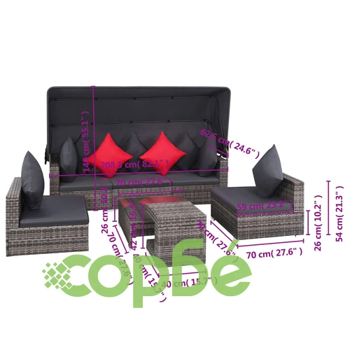 Градински комплект с възглавници, 7 части, полиратан, сив ➤ топ цена ➤ sorbe.bg