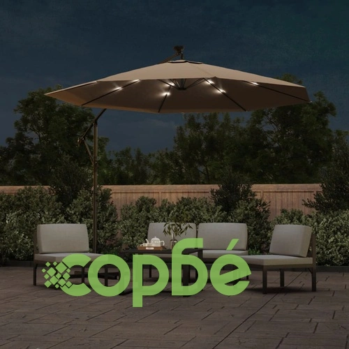 Конзолен градински чадър с LED и стоманен стълб 300 см таупе ➤ топ цена ➤ sorbe.bg